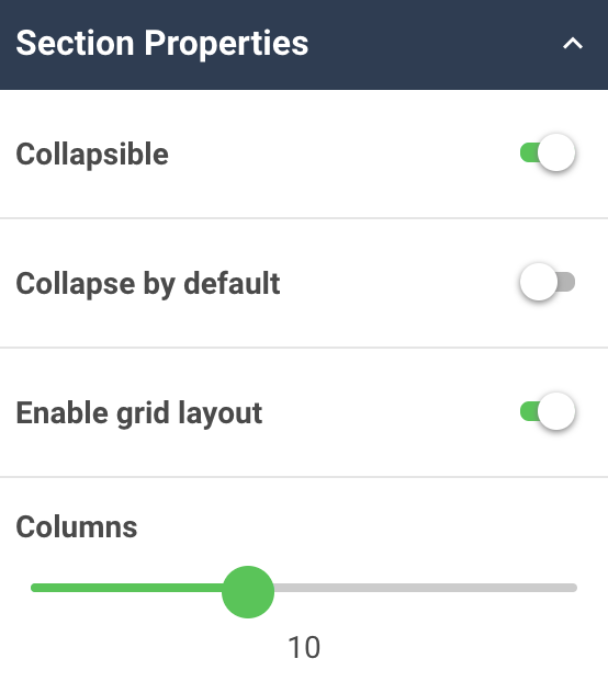 A screenshot showing an example of the section properties for a dashboard section.