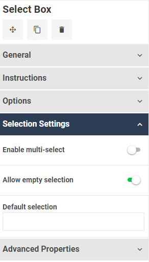 A screenshot of the Selection Settings for the Select Box widget in the Dashboard builder.