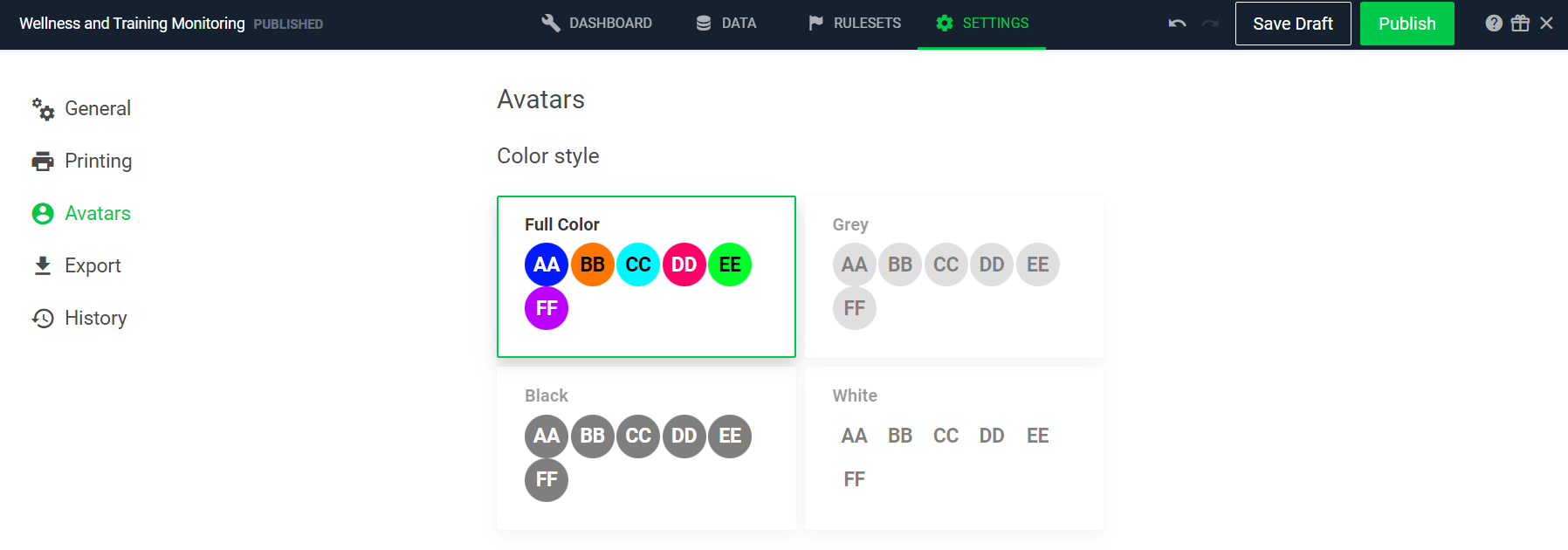An image of the Avatar page in dashboard settings.