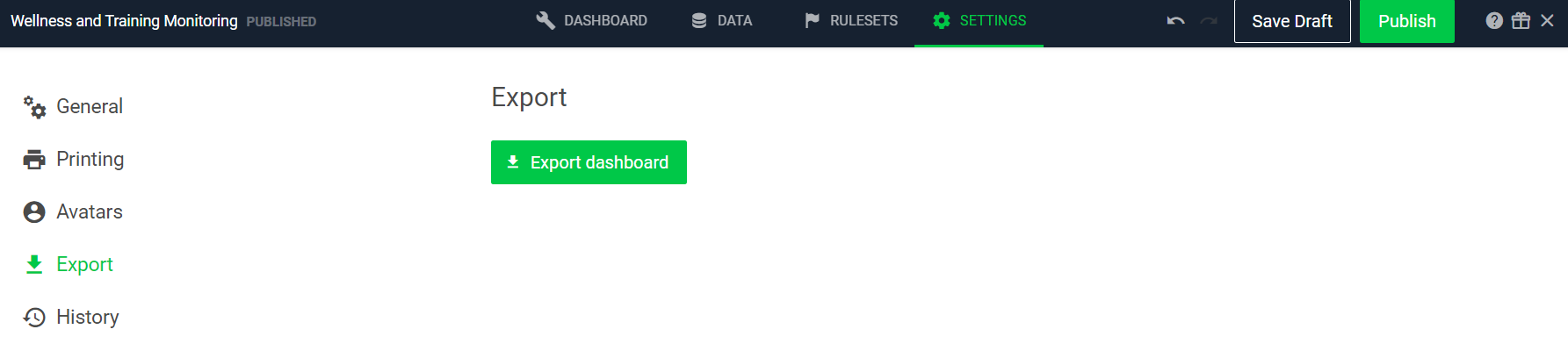 An image of the Export page in dashboard settings.