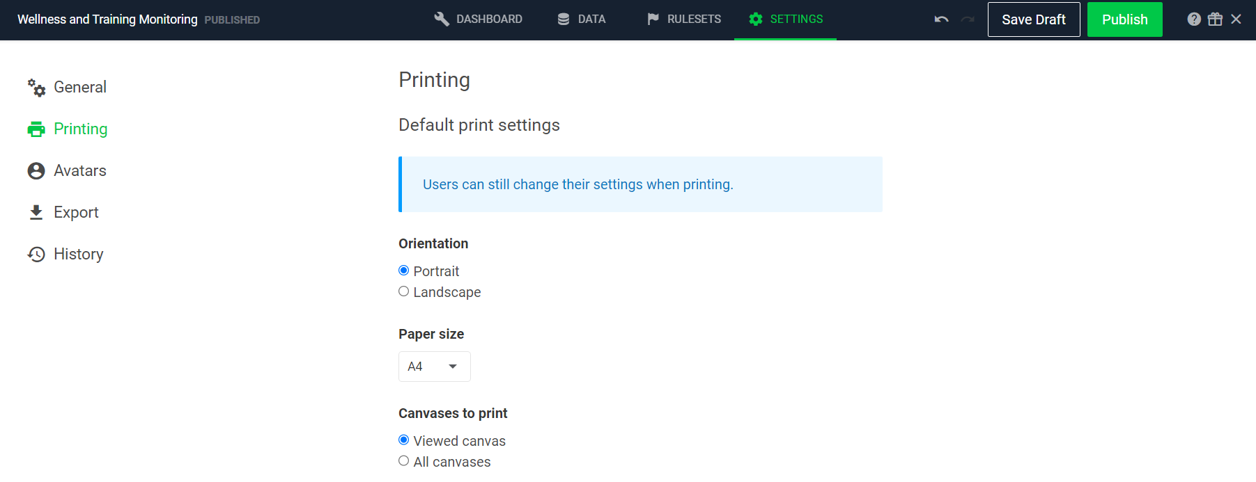 An image of the Printing page in dashboard settings.