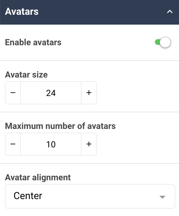A screenshot showing an example of the Avatars properties of a tile widget.