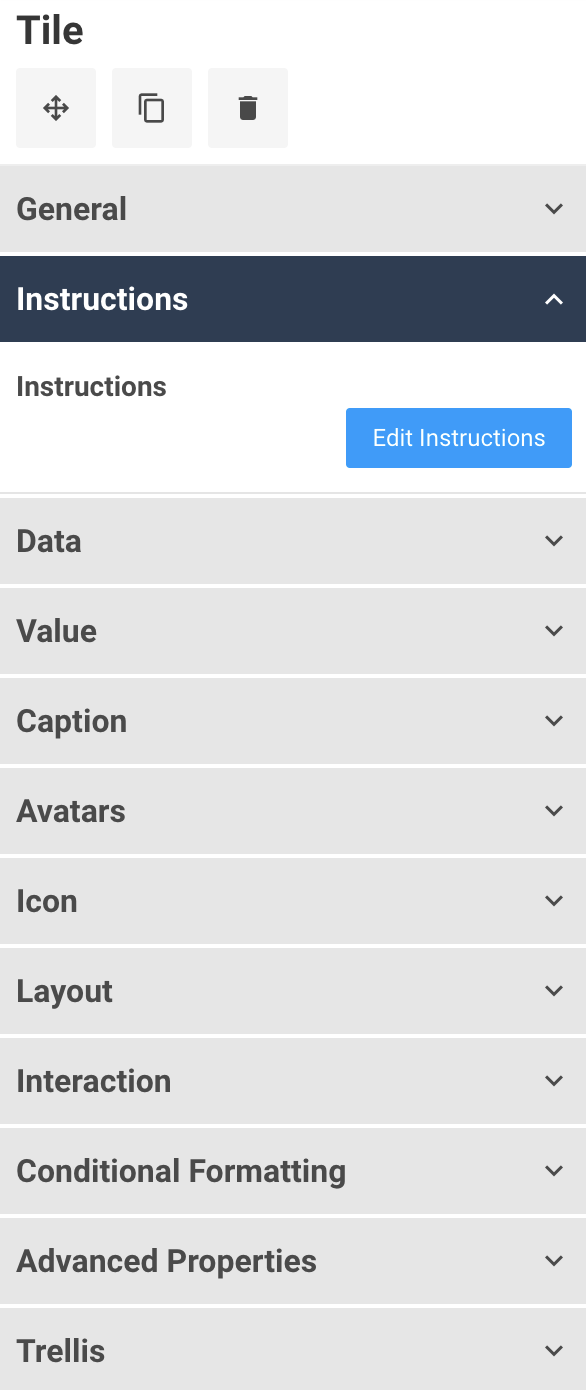 A screenshot showing the instructions property for a tile widget.