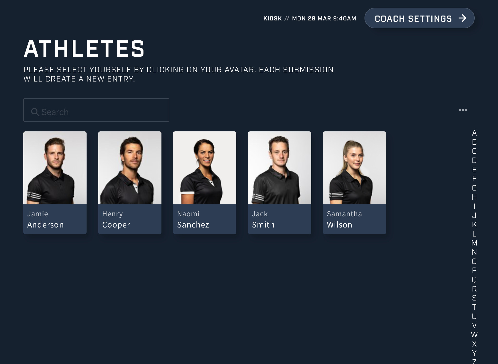A screenshot showing an example of the athlete selection screen in the athlete view of the Smartabase Kiosk app.