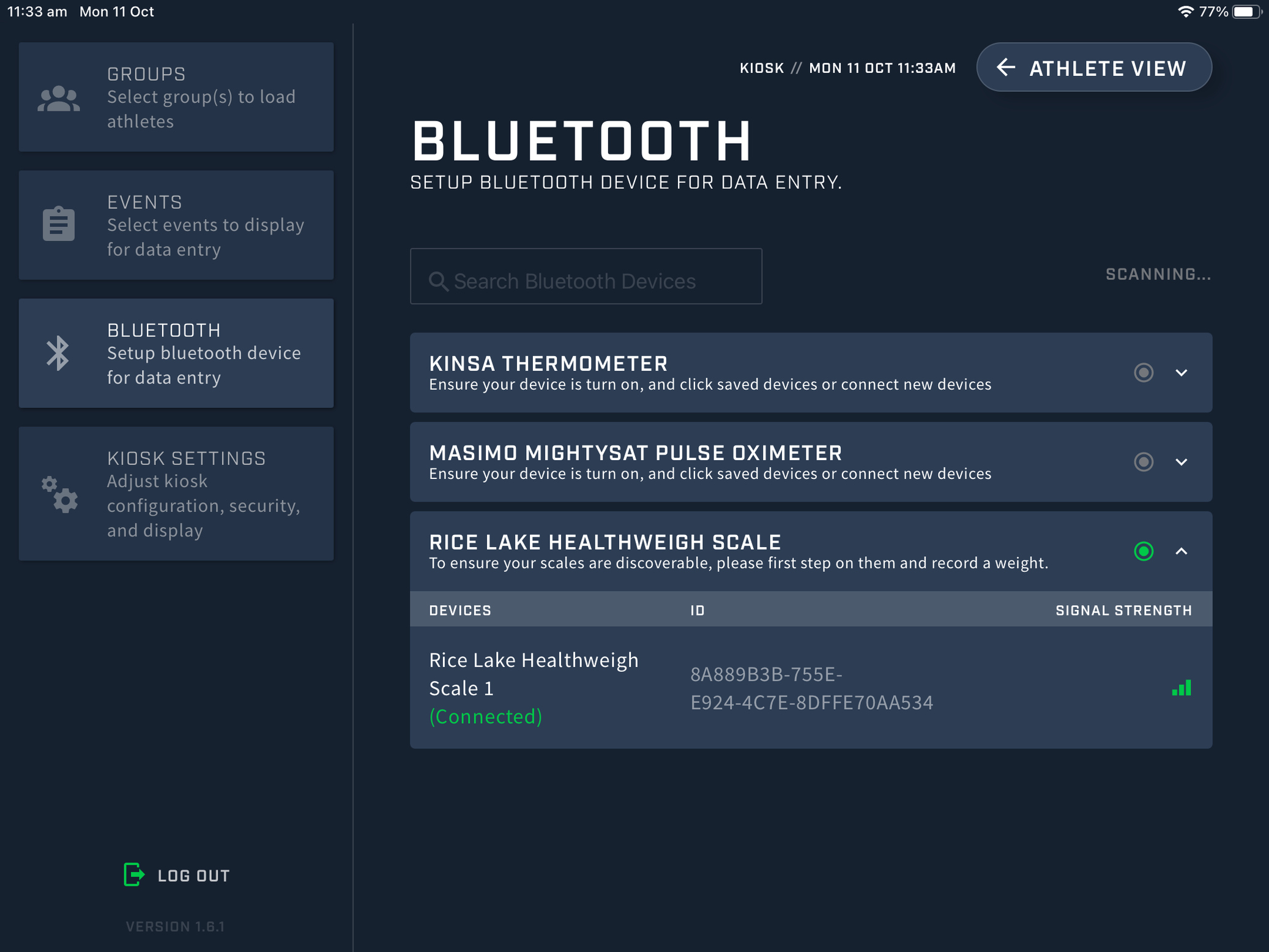 A screenshot showing the Bluetooth settings screen on the Kiosk app.