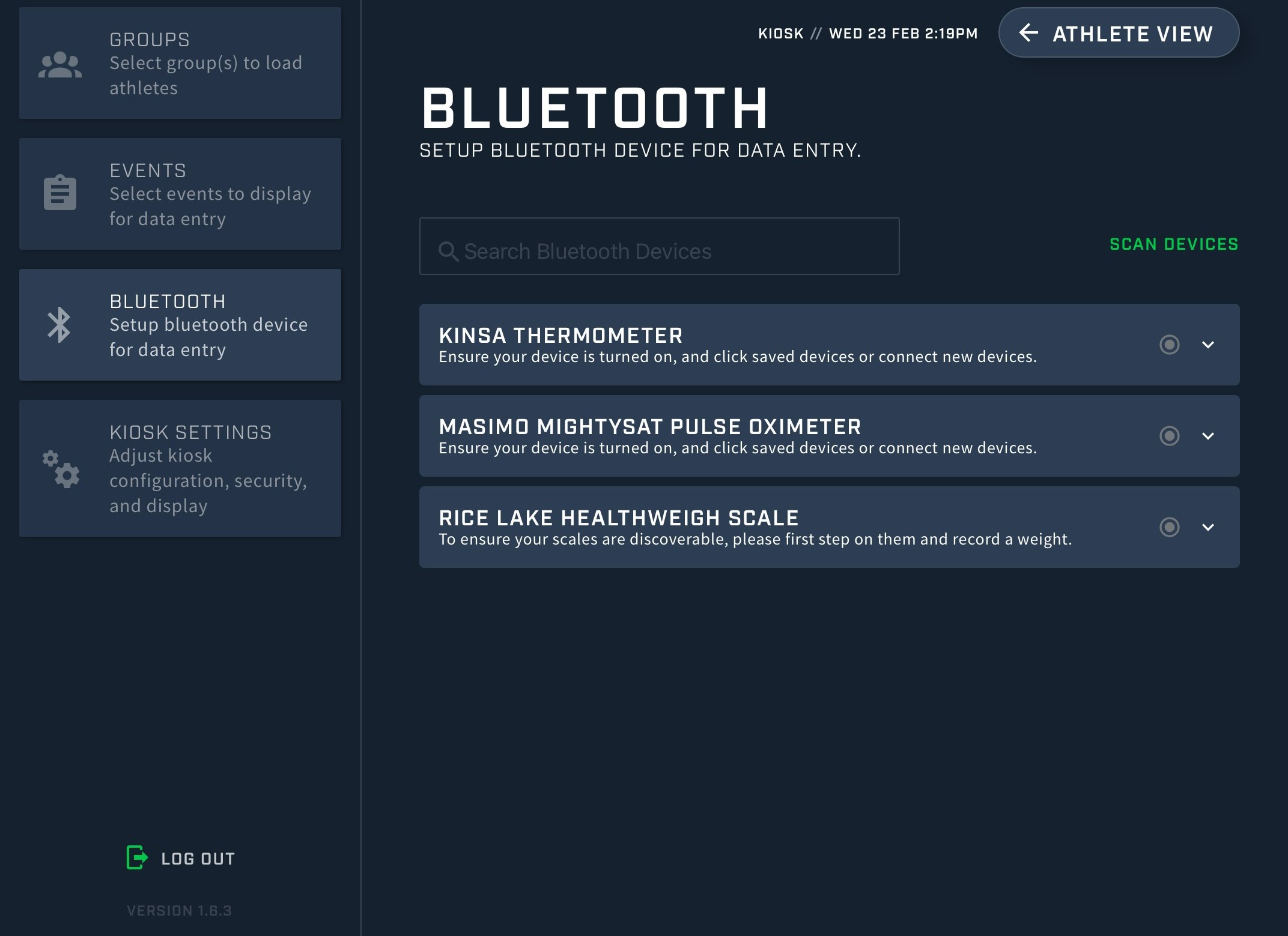 A screenshot of the Bluetooth settings in the Smartabase Kiosk app.