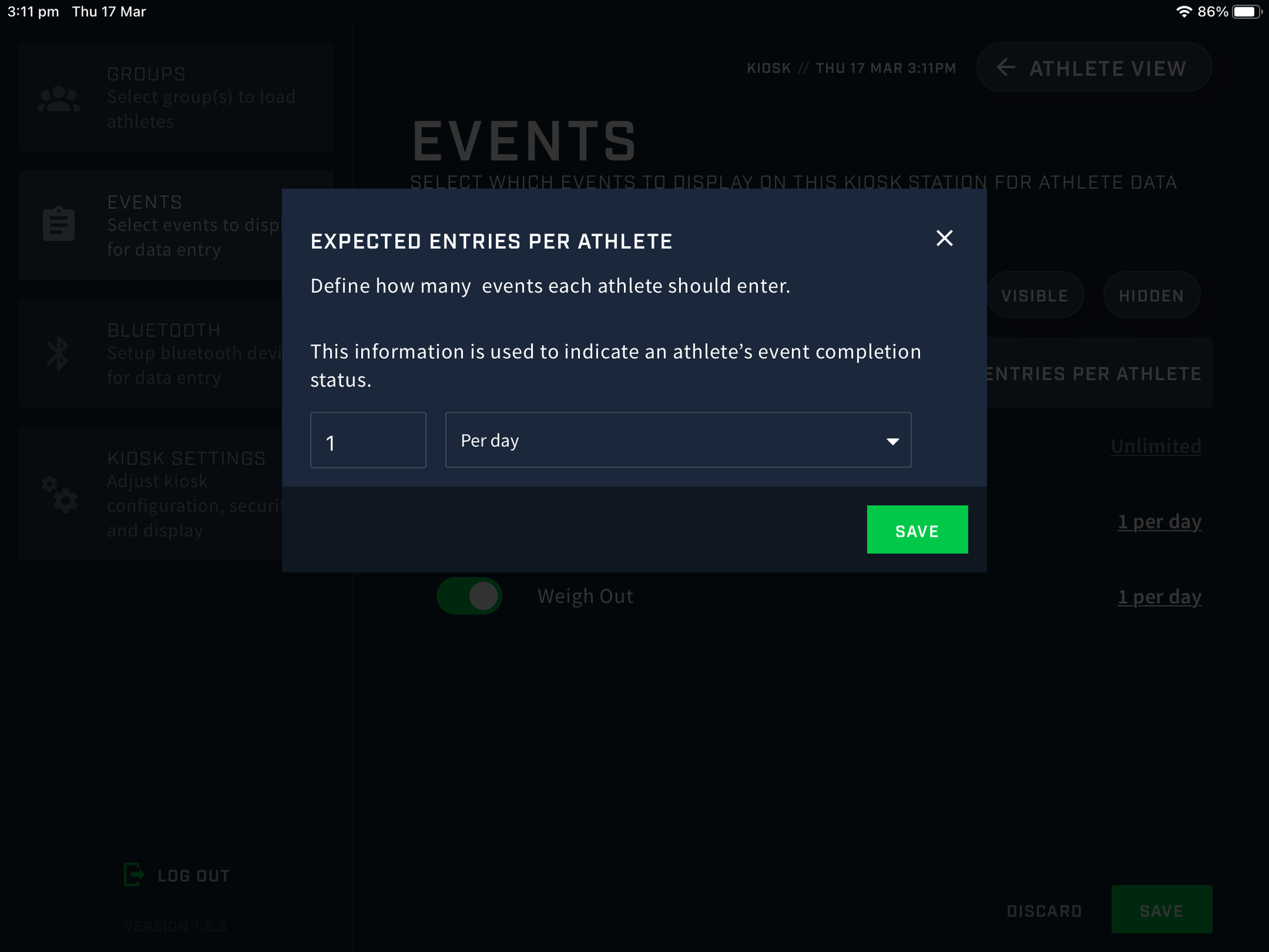A screenshot showing the Expected entries per athlete pop-up on the Events settings screen on the Kiosk app.