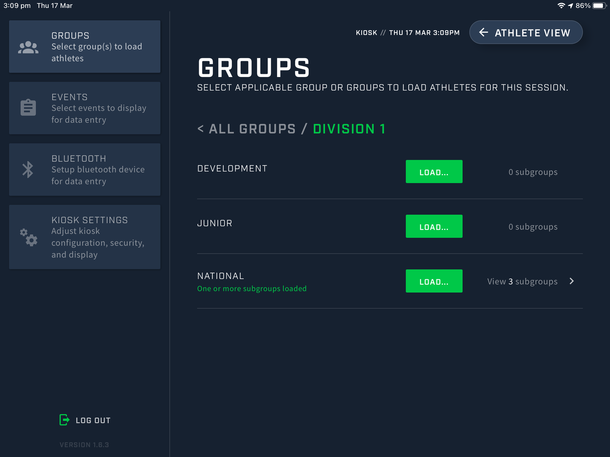 A screenshot showing the Groups settings screen on the Kiosk app.