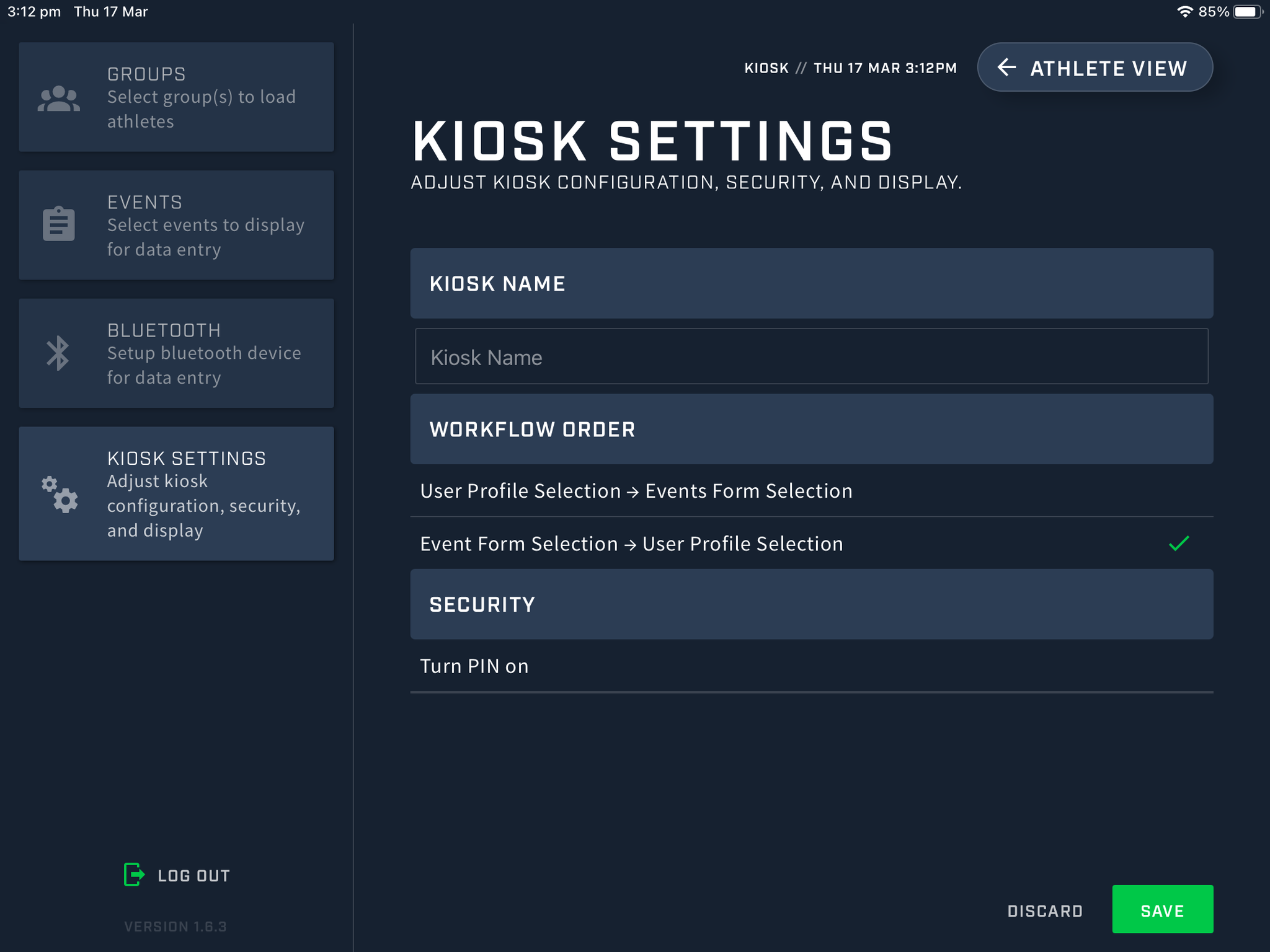 A screenshot showing the Kiosk settings screen on the Kiosk app.