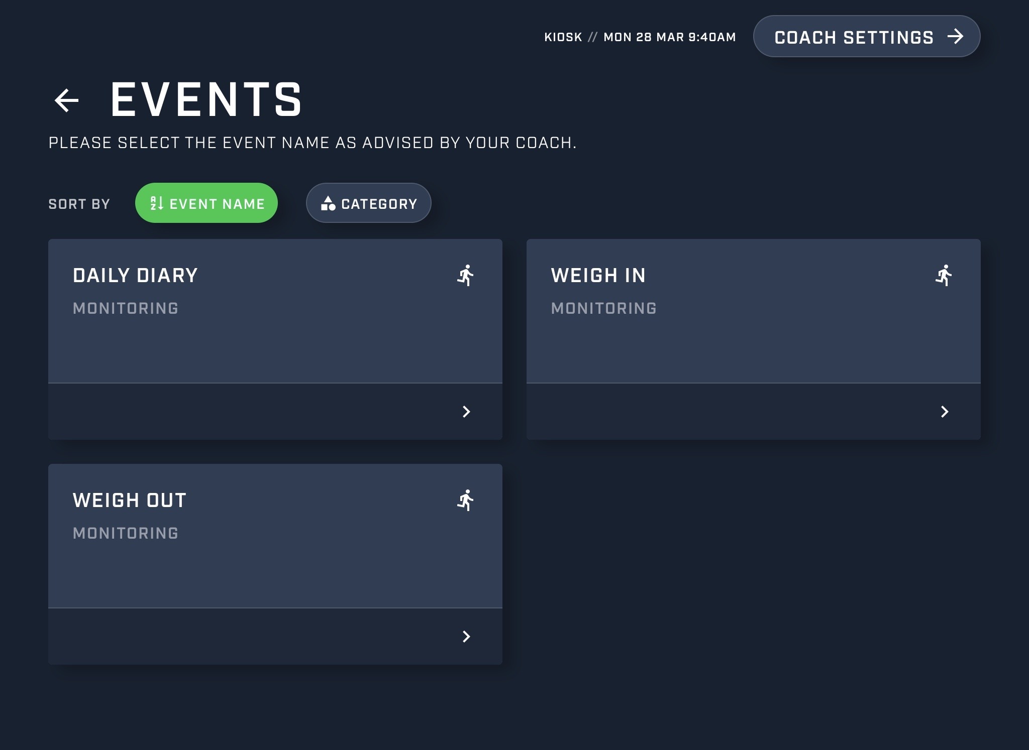 A screenshot showing an example of the event form selection screen for athletes in the Smartabase Kiosk app.
