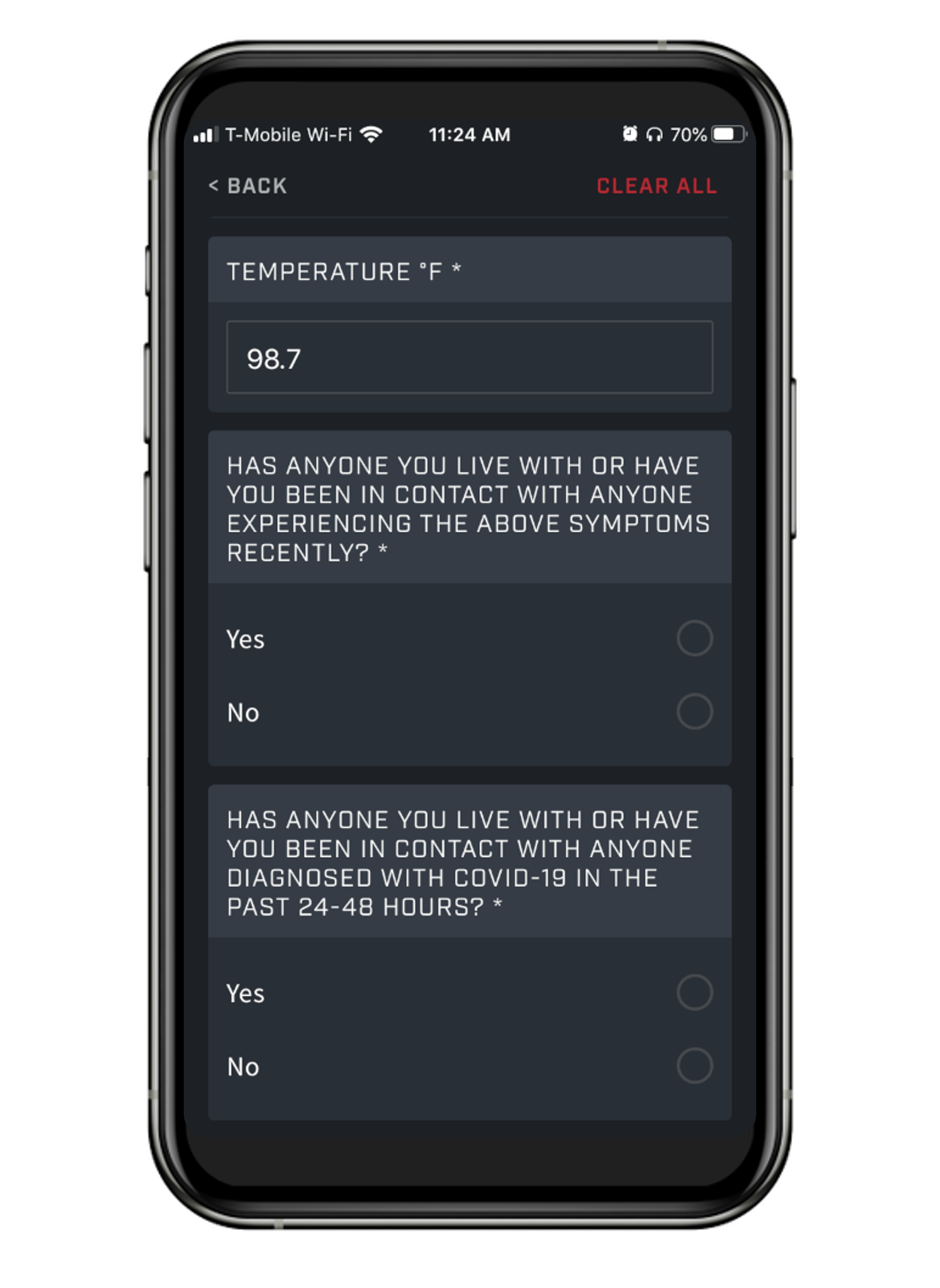 A screenshot of the temperature field that can be filled out via Bluetooth.