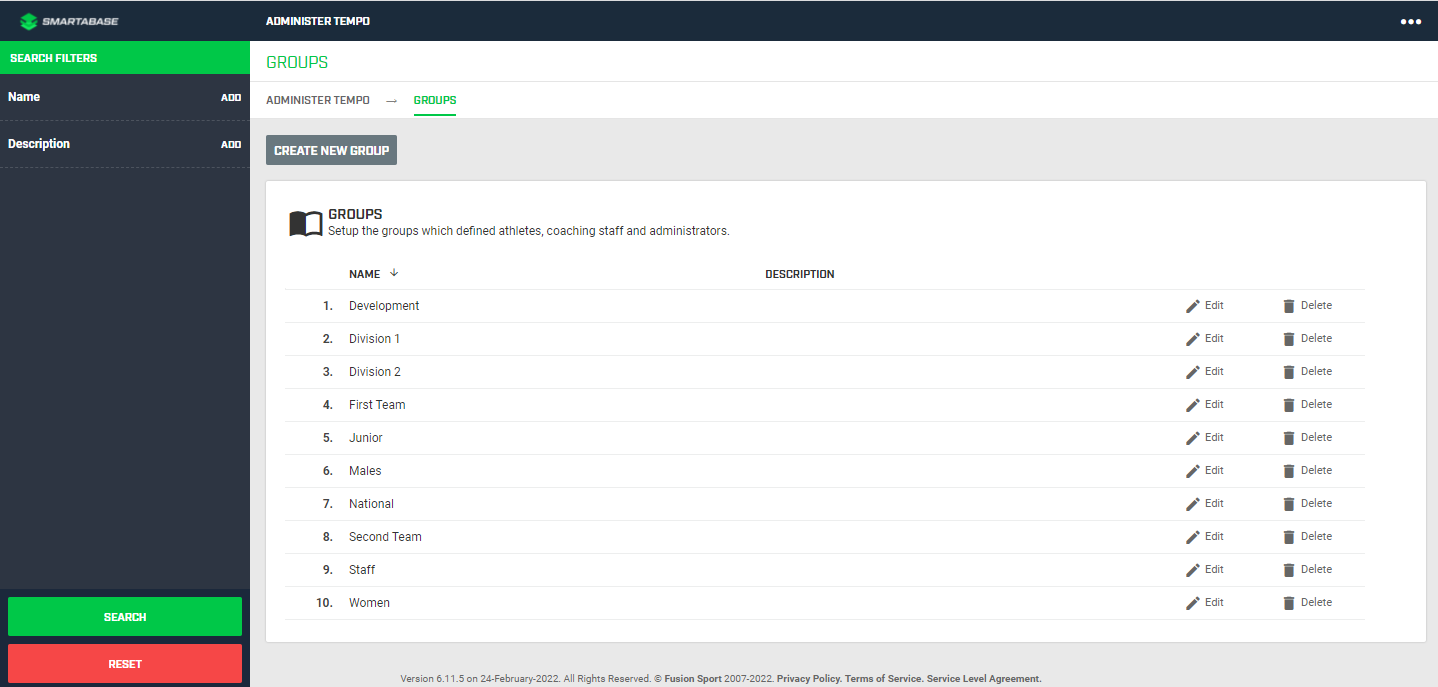 A screenshot of the Groups tool in the administration interface.