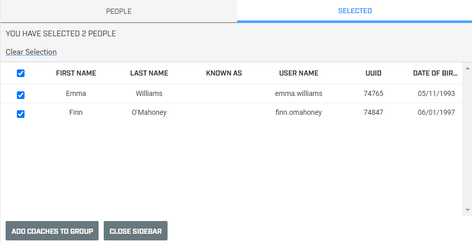 A screenshot of the sidebar in the Groups tool. Two people have been selected to be added as coaches to a group.