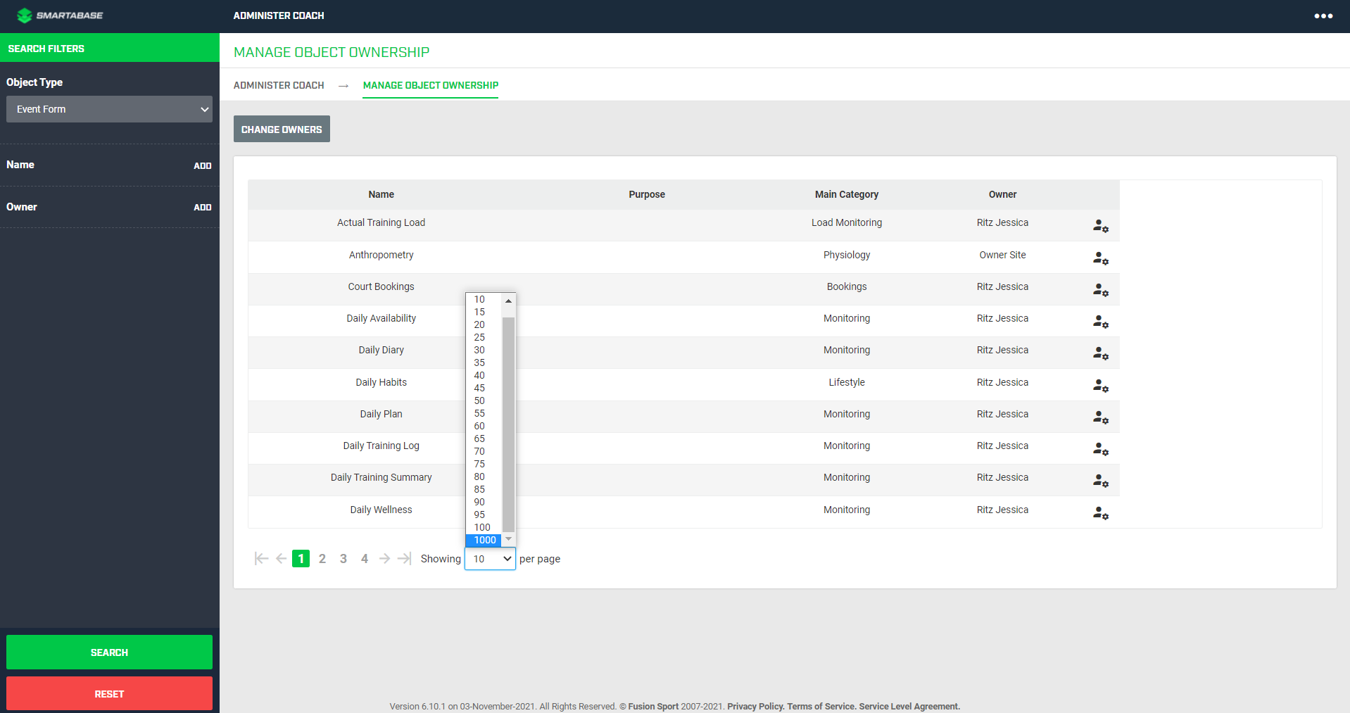 A screenshot of the Manage object ownership tool in the administration interface. The pagination options are displayed in the dropdown menu.
