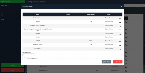A screenshot of the Update owner pop-up in the Manage object ownership tool in the administration interface.