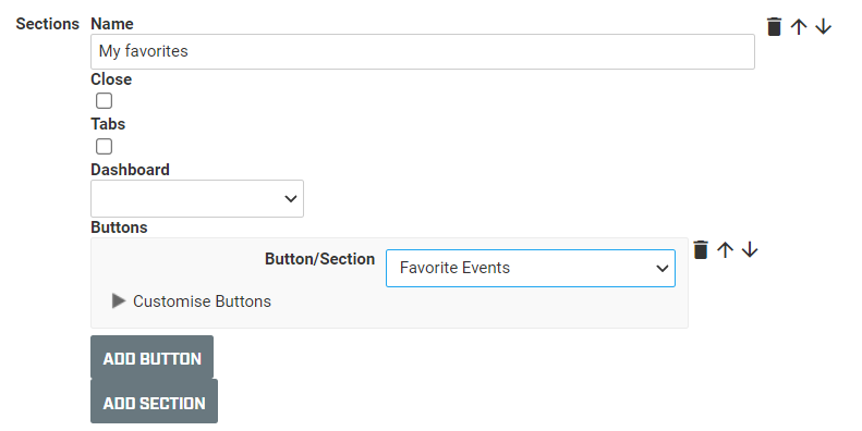 A screenshot of the page layout configuration in the administration interface. The section is labelled My Favorites and contains a button for favorite events.
