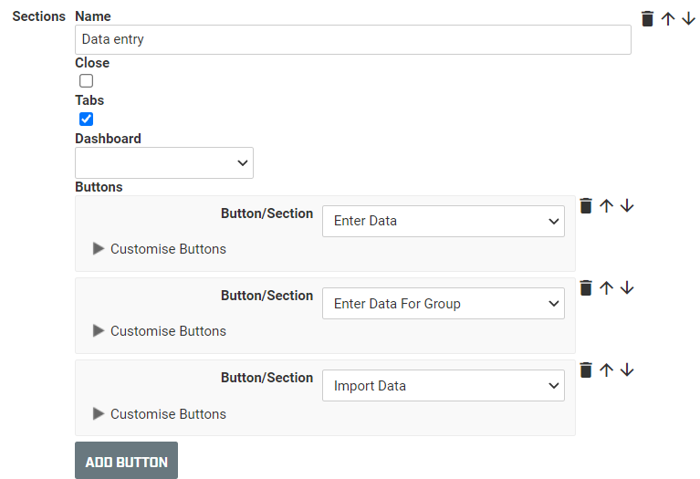 A screenshot of the page layout configuration in the administration interface. The section is labelled Data Entry and contains buttons for the Enter Data, Enter Data for Group and Import Data tools.