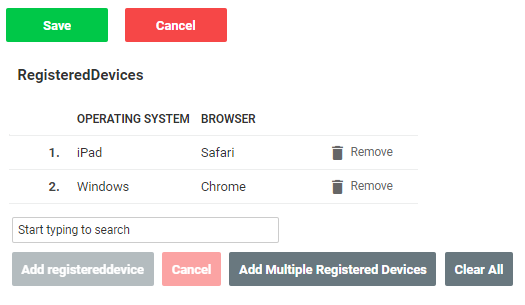 A screenshot of registered devices for an account.