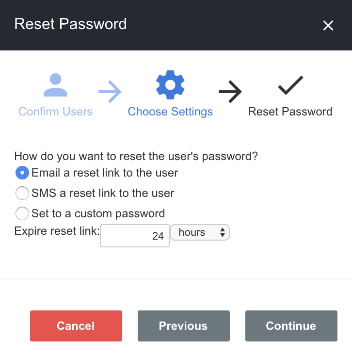A screenshot showing an example of the process for an administrator to reset the password for a user account.