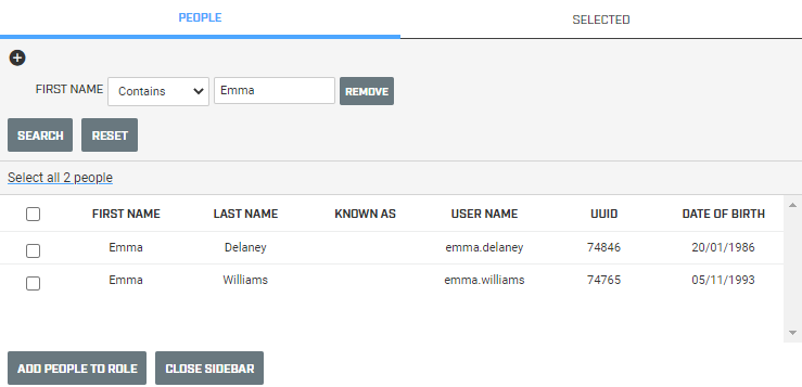A screenshot of the sidebar in the Roles tool. The accounts have been filtered to only show accounts with Emma in the first name.