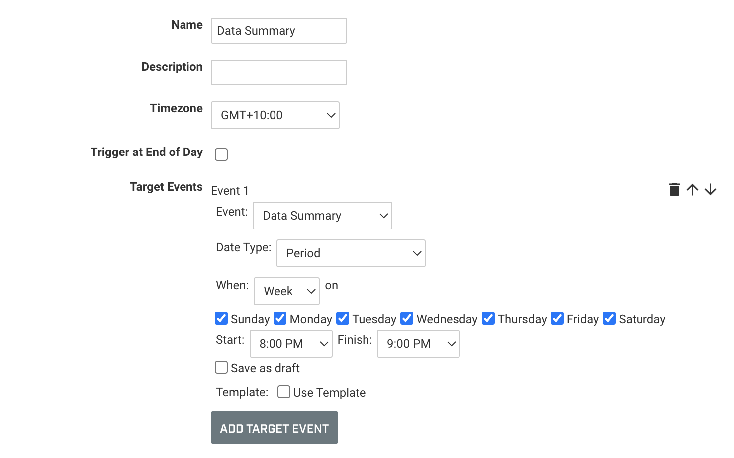 A screenshot of a Smart save set up for a Daily Summary event form.