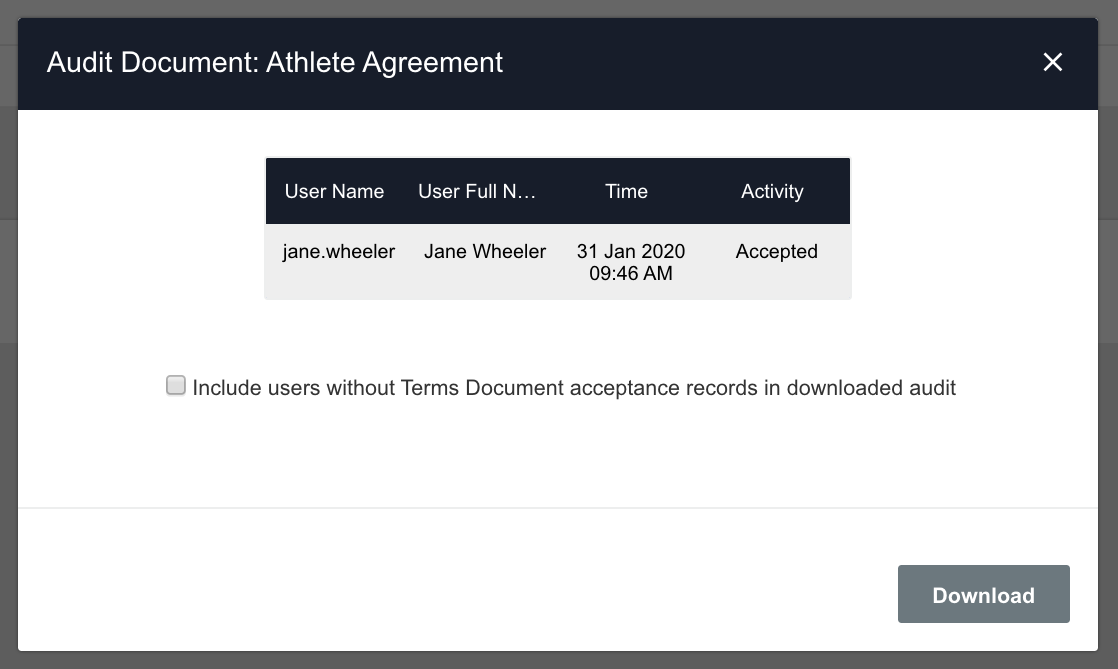 A screenshot showing an example of the process for auditing a terms document on the administration interface.