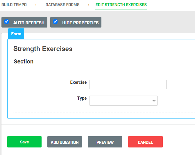 A screenshot of a database form that will store information about strength exercises and the type of exercise.