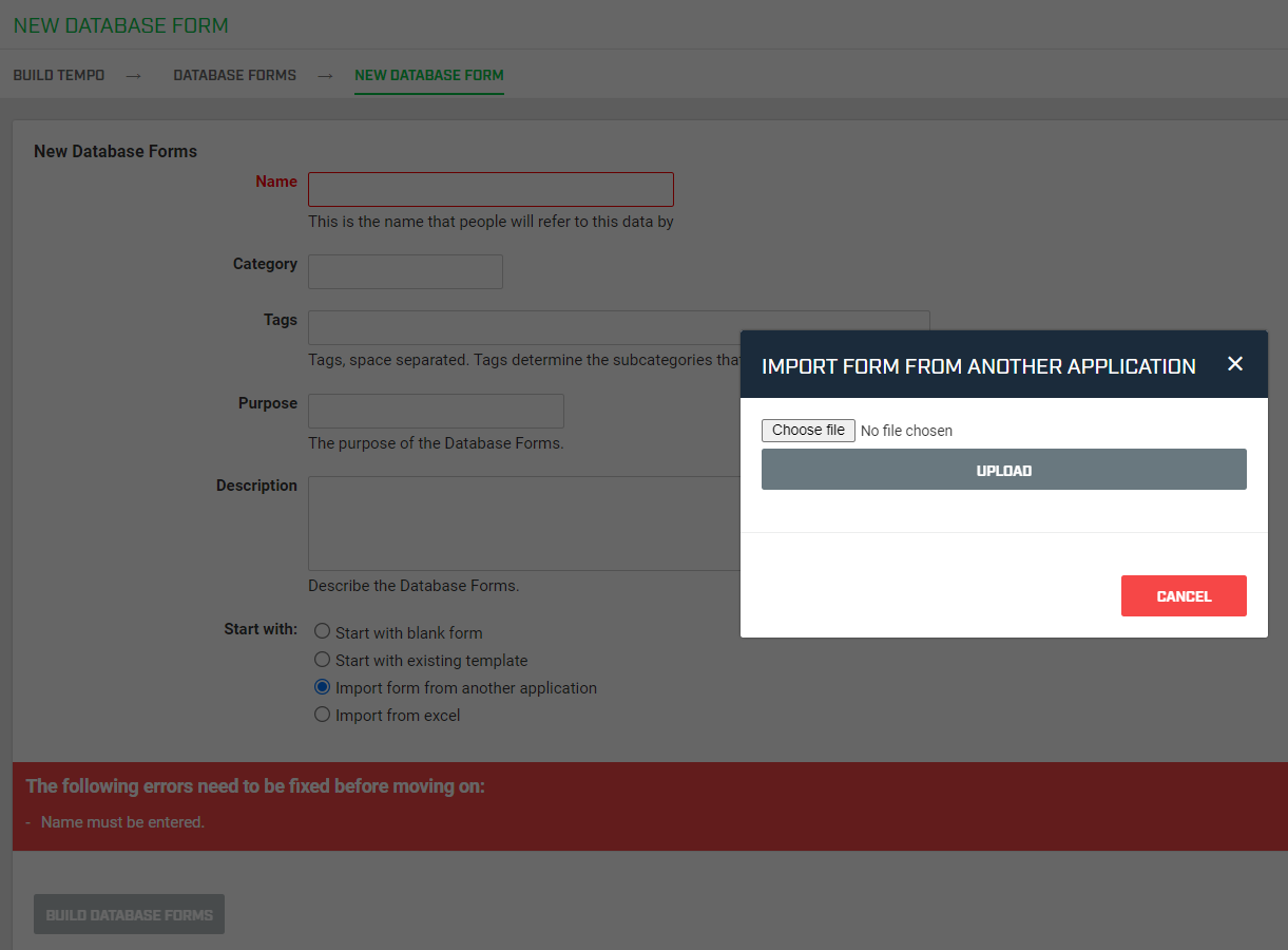 A screenshot from Smartabase Builder of the page to import a database form from another application.