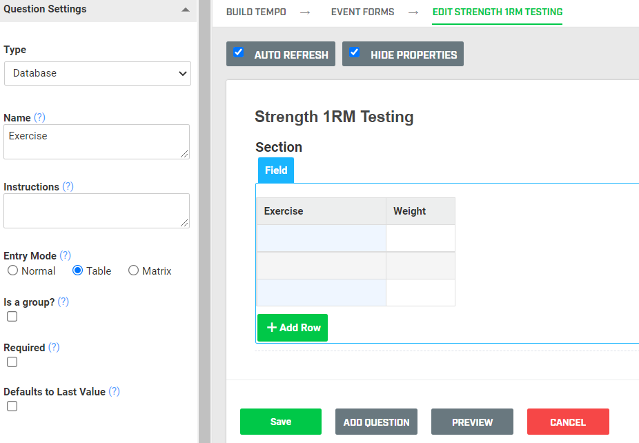 A screenshot of a strength testing event form containing a table. The first field in the table is a Database field named Exercise and the second field is named Weight.
