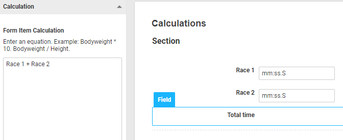 A screenshot showing an example of a Duration calculation field in the Smartabase builder. The Calculation section is shown, with a function to sum two Date fields.