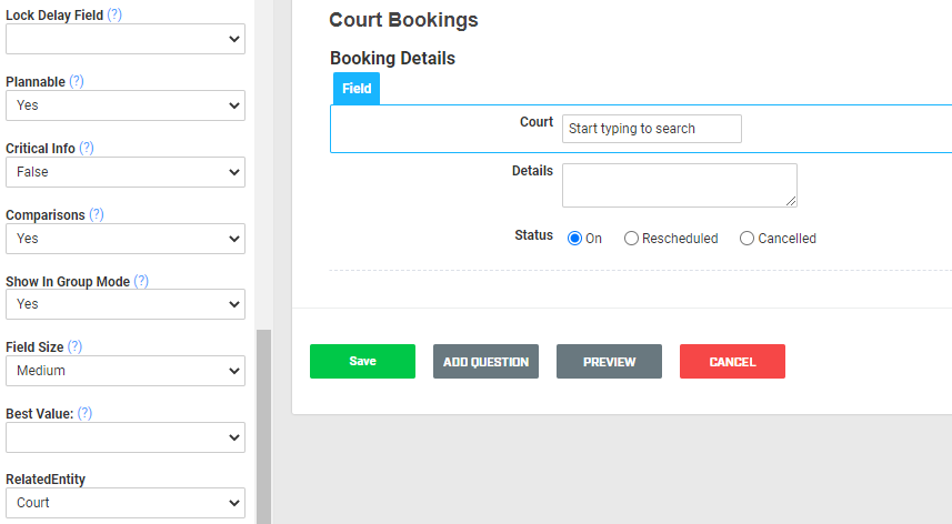 A screenshot showing an example of a scheduled event form named Court Booking. The form contains a related entity field named Court.
