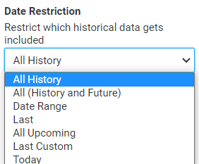 A screenshot showing an example of the date restriction settings for a linked calculation.