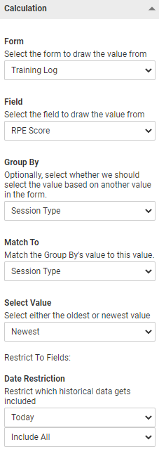 A screenshot showing an example of group by and match to settings for a linked option calculation.