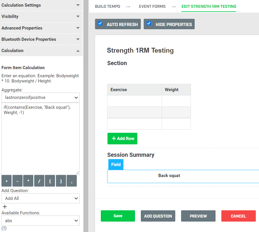 A screenshot of a strength testing event form containing a table and a table calculation.