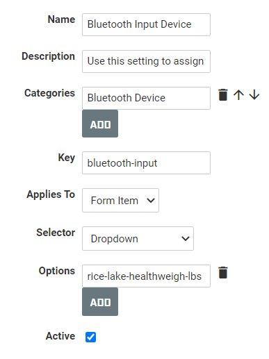 A screenshot of a User-defined property schema to allow a connection to Bluetooth-enabled scales.