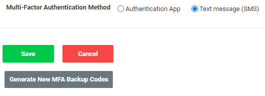 A screenshot of the Generate New MFA Backup Codes button. Notice that this account only has text messages or an authentication app enabled for multi-factor authentication.