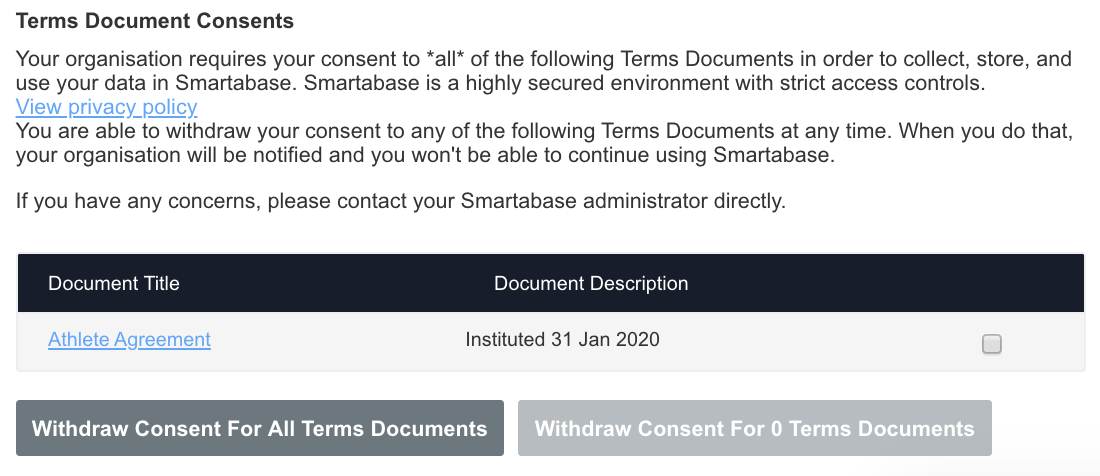 A screenshot from the Smartabase Online Account tool showing an example of a terms document that has been accepted.