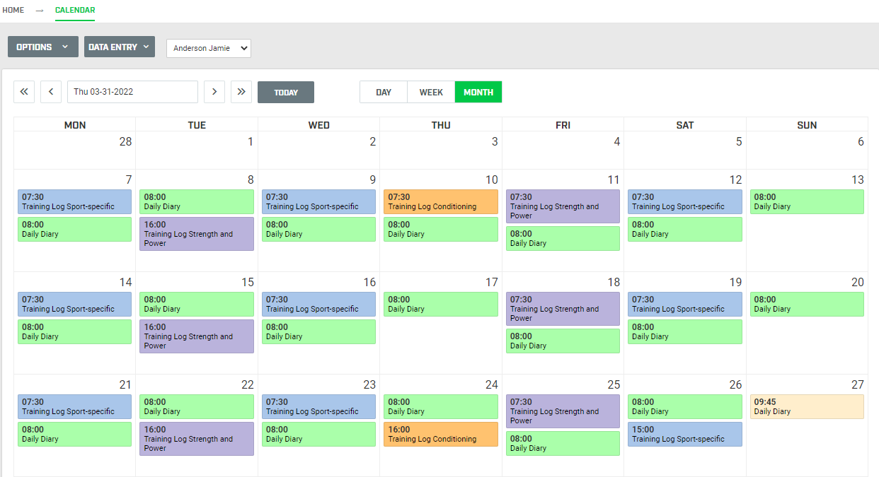A screenshot of the calendar for Jamie Anderson in Smartabase Online.