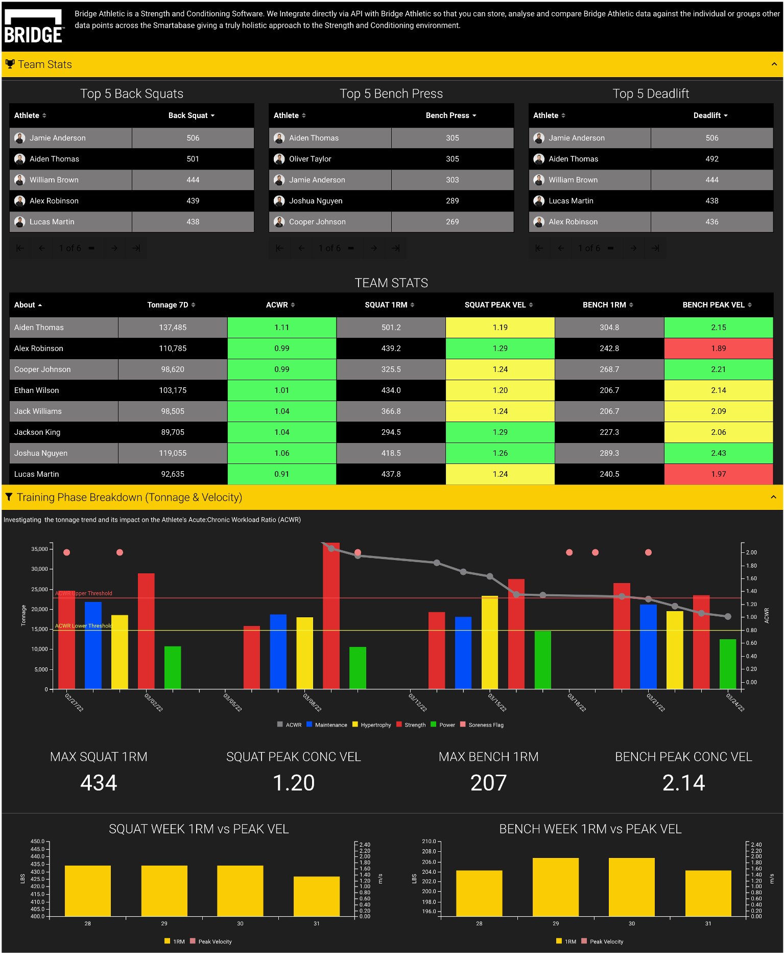 A screenshot showing an example of a dashboard created to visualize BridgeAthletic data.