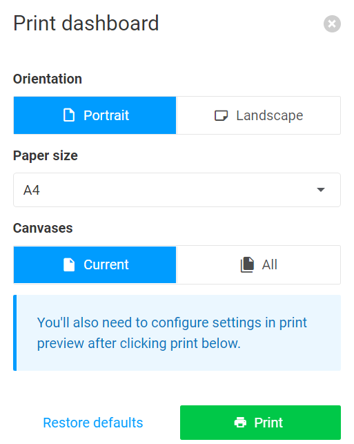 A screenshot of the options when printing a dashboard.