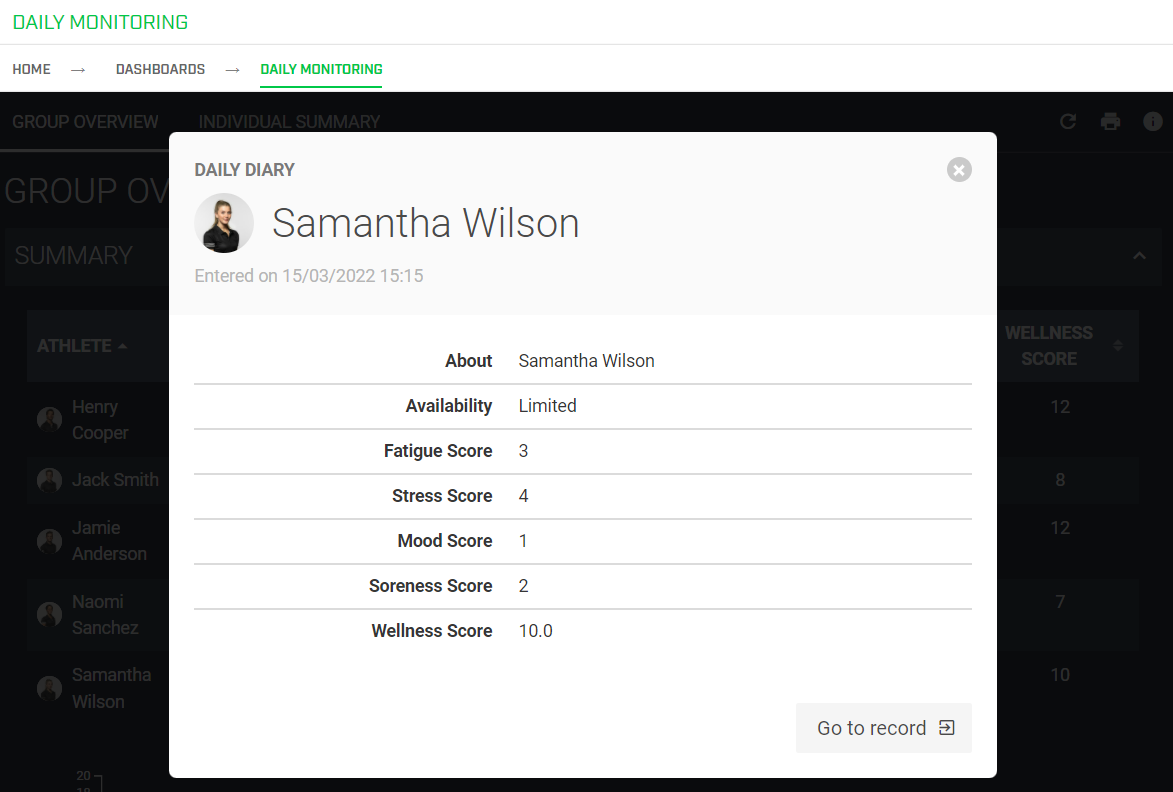 A screenshot of a record card in a dashboard. The widget that was selected for this record card to show up has also been configured so that you can click the Go to record button to navigate to the record the data originates from.