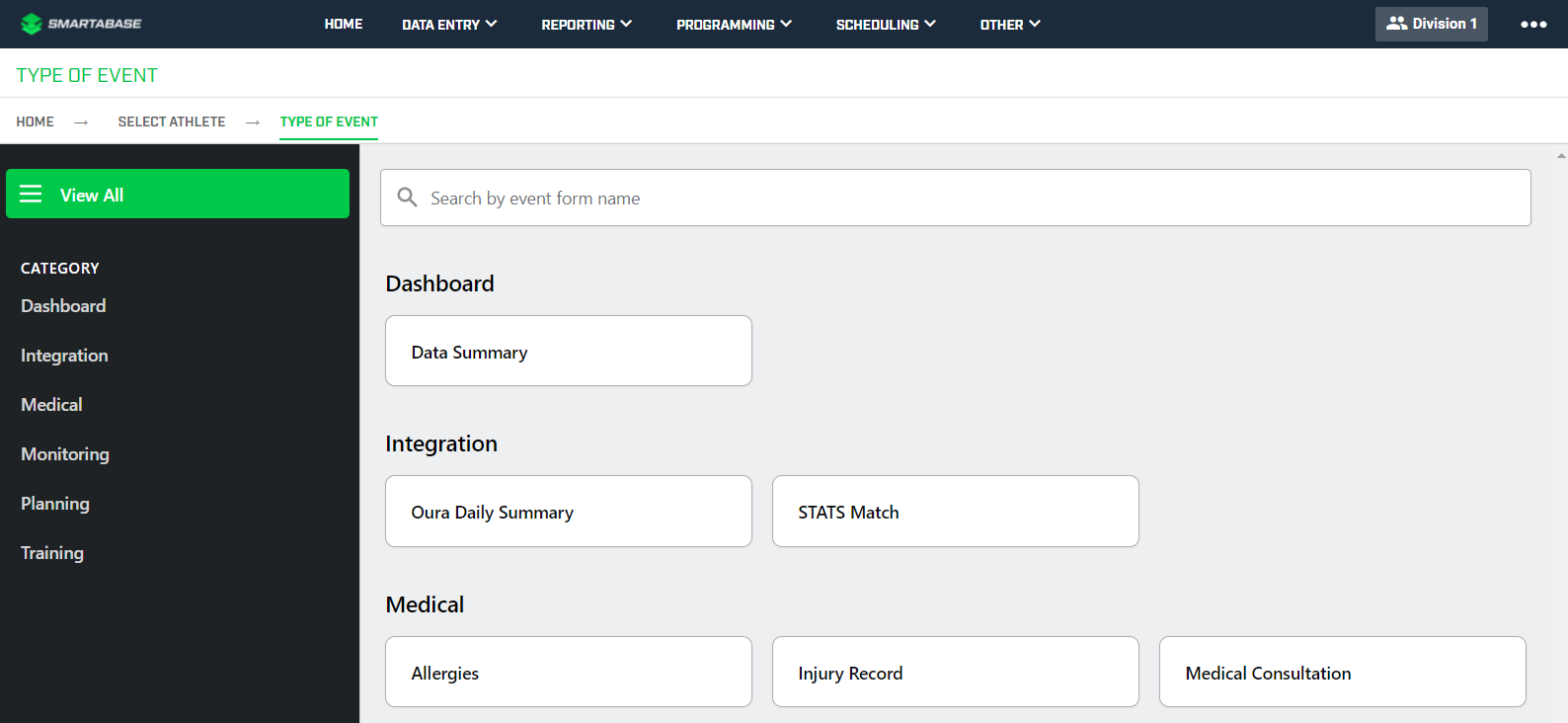 	A screenshot of the event form selection page on Smartabase Online when entering data for an individual or group.