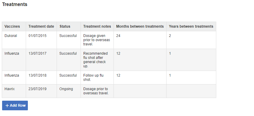 A screenshot showing a date duration calculation within a table recording vaccination information.