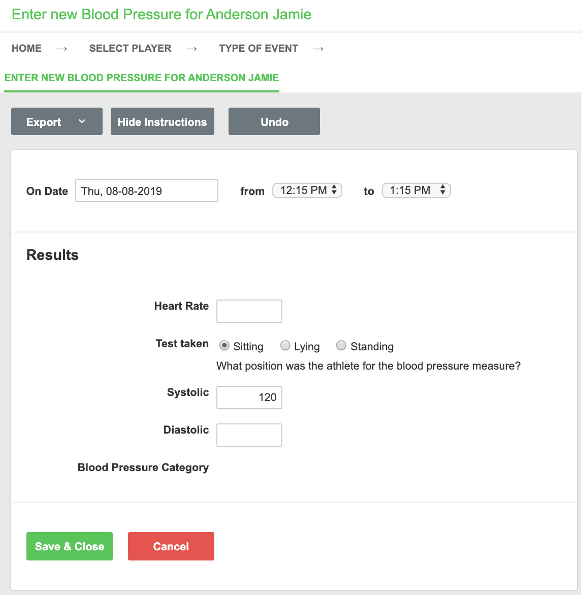 A screenshot of a simple Blood Pressure event form in Smartabase Online.