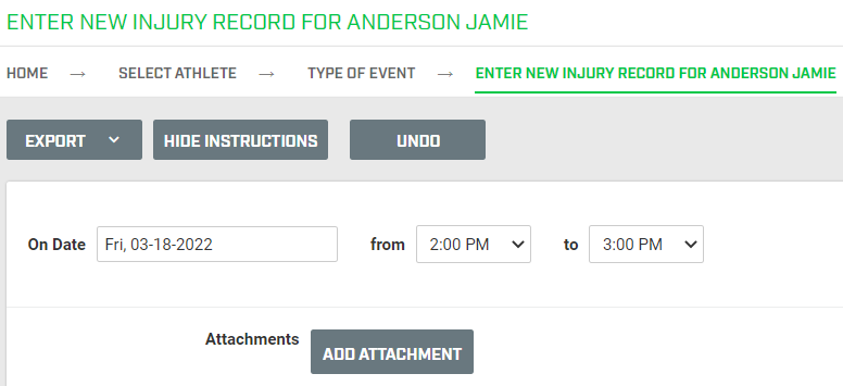 A screenshot of an event form on Smartabase Online that allows you to upload attachments at the top of the form.