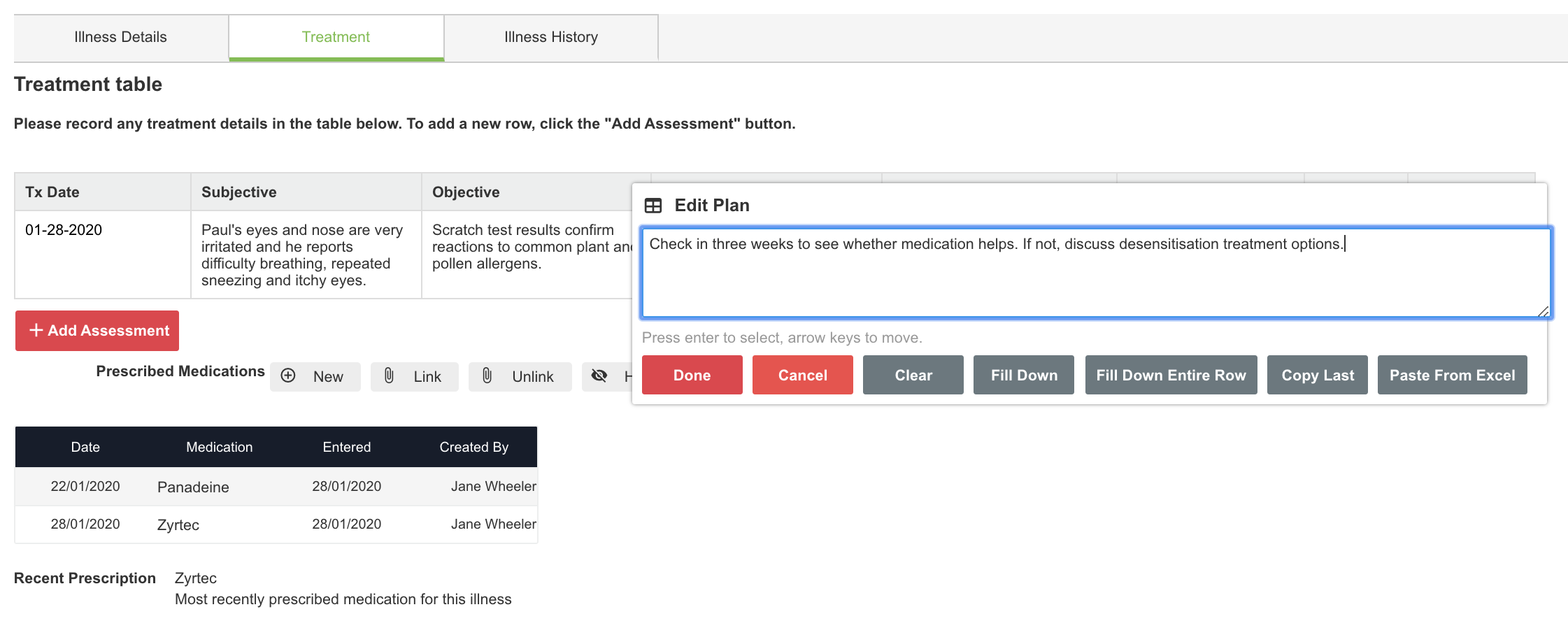 A screenshot showing an example of an illness form with a treatment table and an embedded event form for prescribed medications.