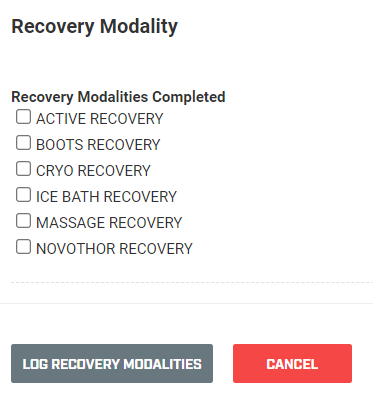 A screenshot of a multiple selection field being used in an event form. The field is named Recovery Modalities Completed and athletes can select any of the options based on which ones they completed.