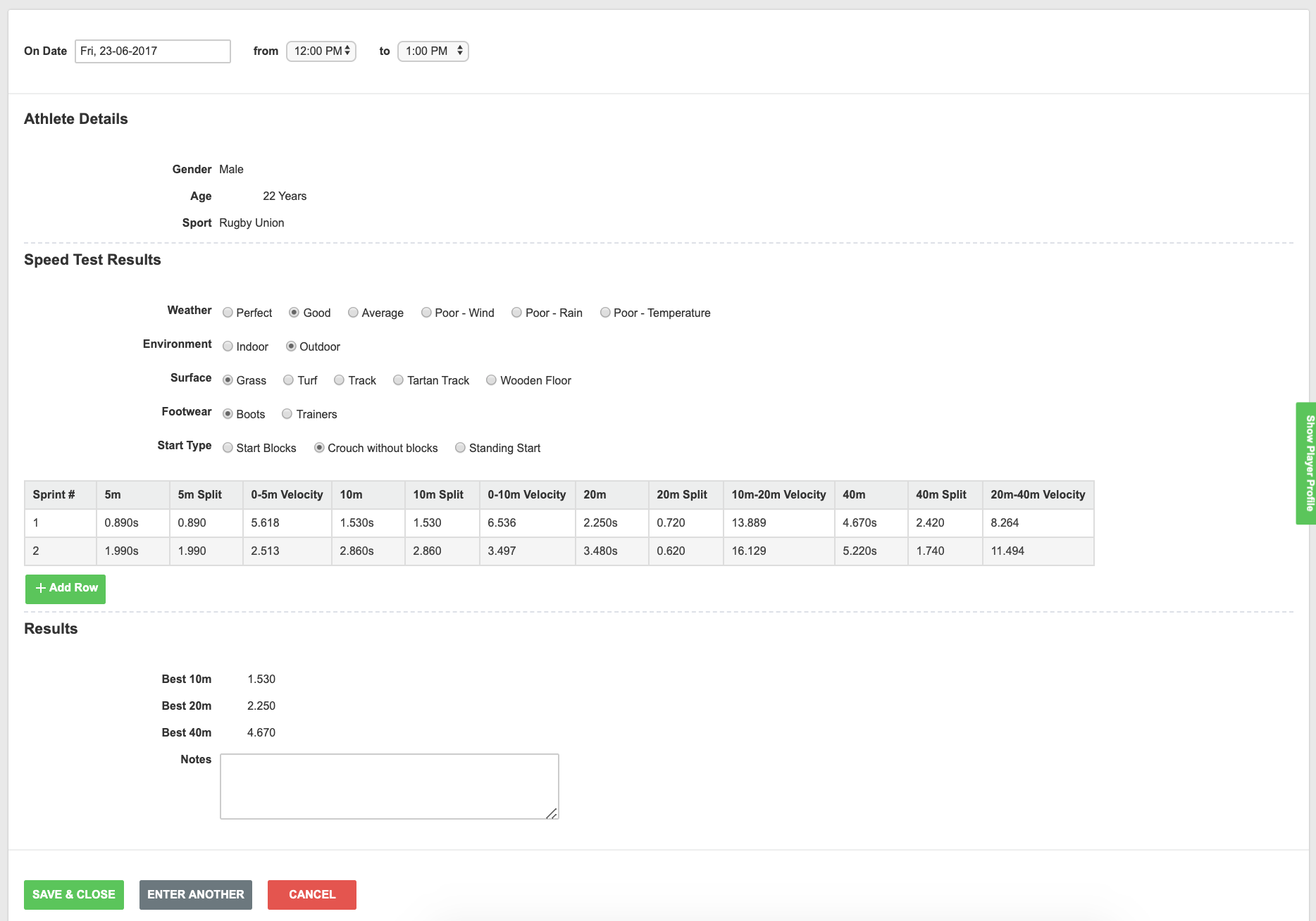 A screenshot of an event form to track sprint testing results. The event form contains a table.