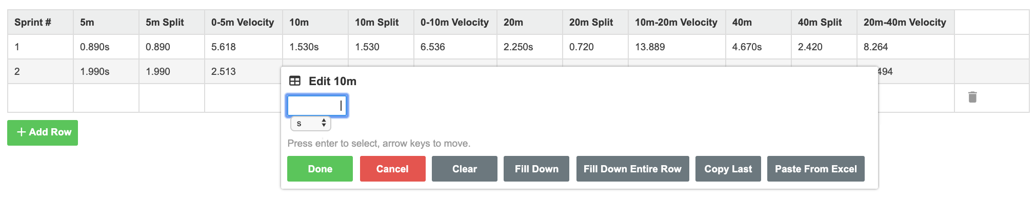 A screenshot showing an example of entering data into a table in an event form.