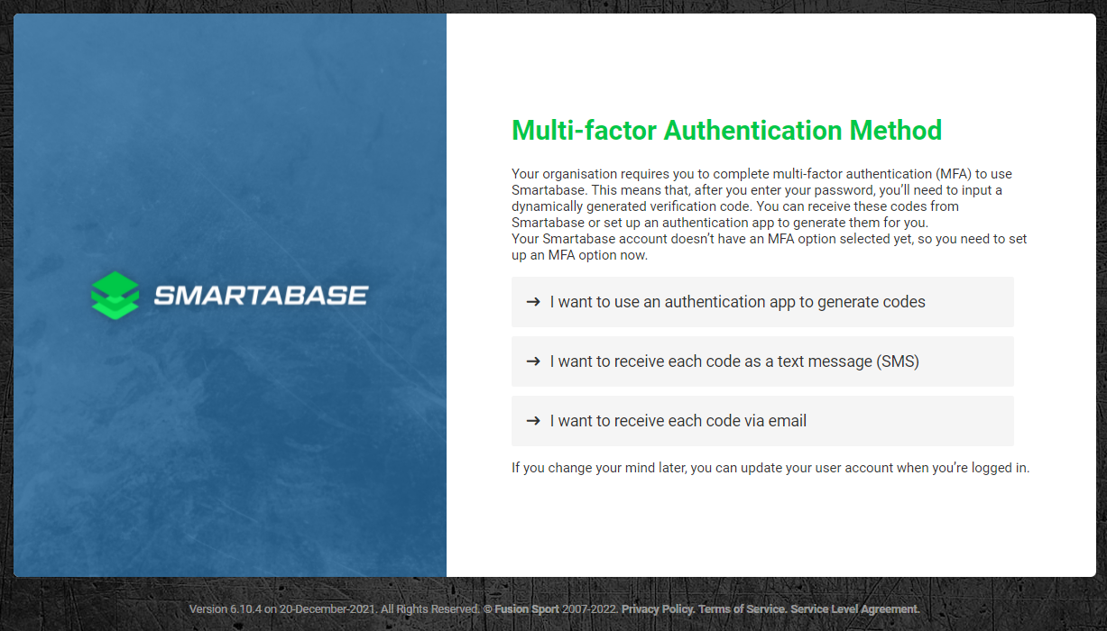 A screenshot of the multi-factor authentication page on Smartabase Online.